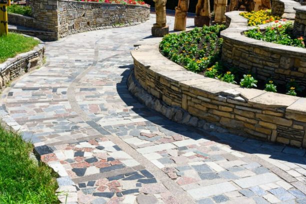 Landscape,Design,Of,Home,Garden,,Tiled,Walkway,And,Stone,Retaining